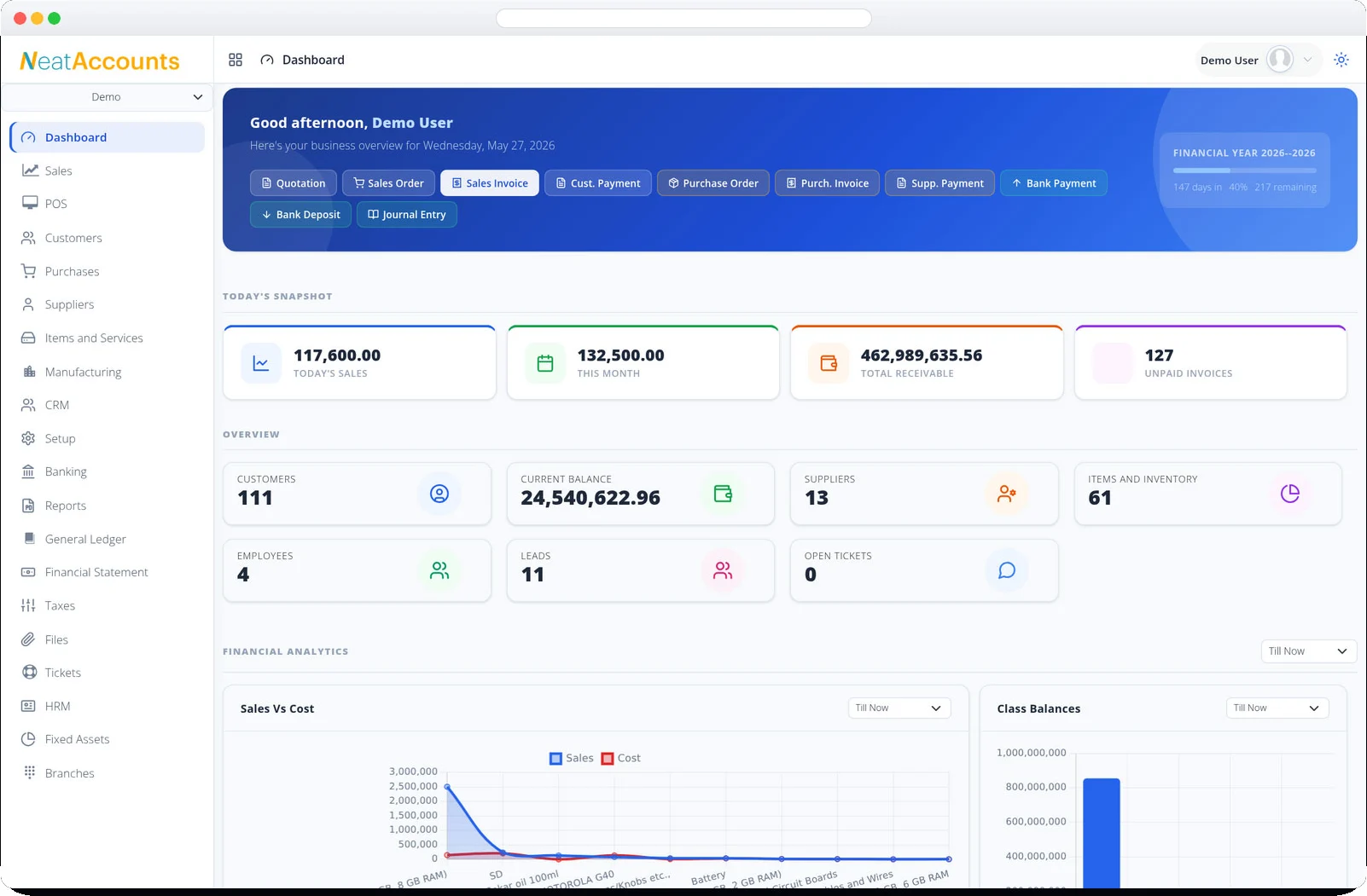 NeatAccounts dashboard with today's sales, receivables, unpaid invoices and quick actions for quotations, sales invoices, purchase orders and bank payments